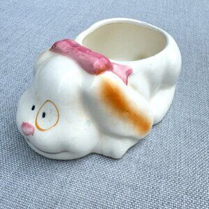 Vintage Puppy Dog Planter Small White Pink Bow Decorative *read*